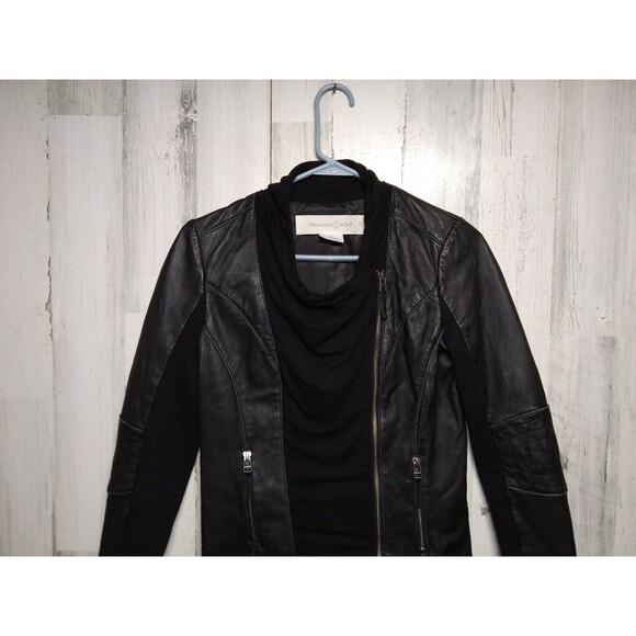 TREASURE & BOND Black Leather Motorcycle Jacket, 2 Zip Pockets Size XS - Picture 3 of 9